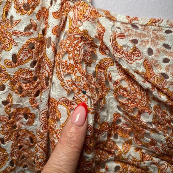 Bardot Large Orange White Paisley Eyelet Crop Long Sleeve Blouse Women's size 10 - Picture 9 of 9